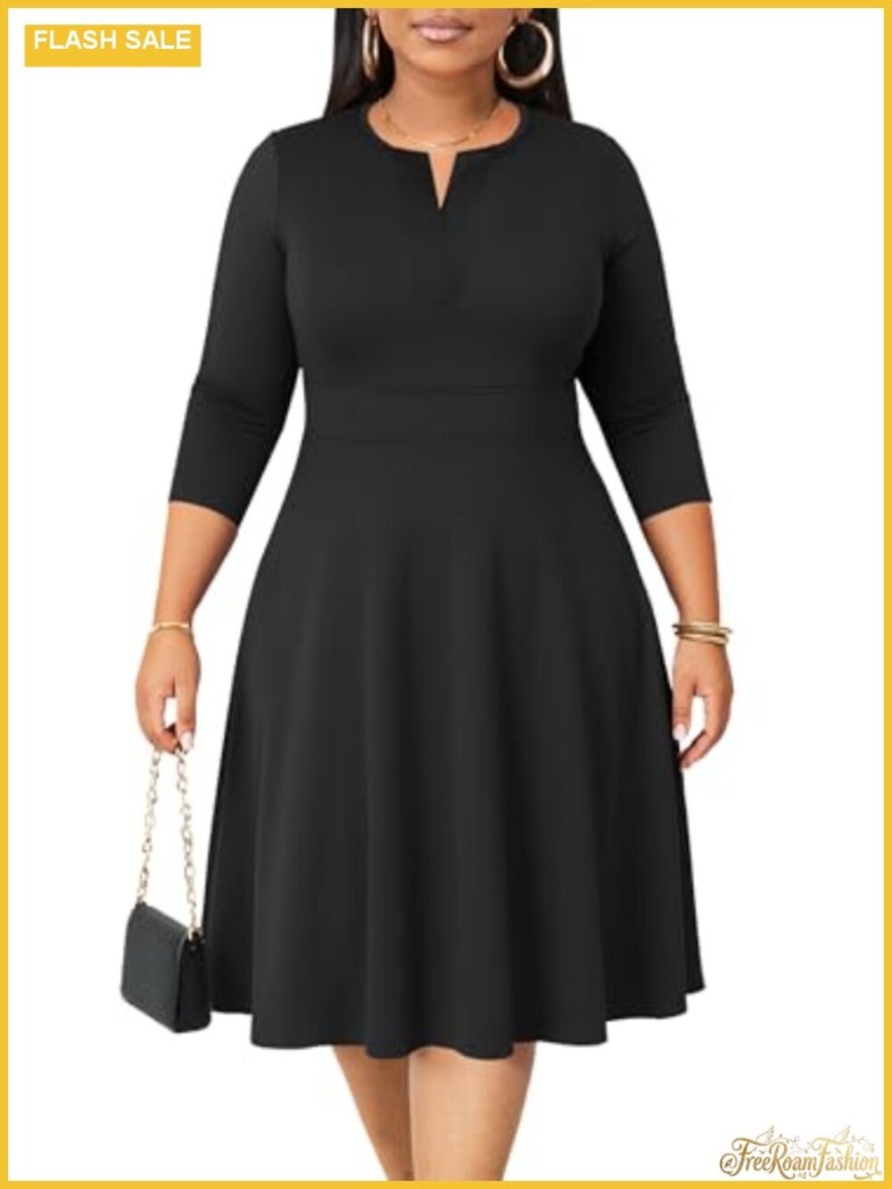 Plus Size A-Line Midi Dress 3/4 Sleeve V-Neck Casual Work Church